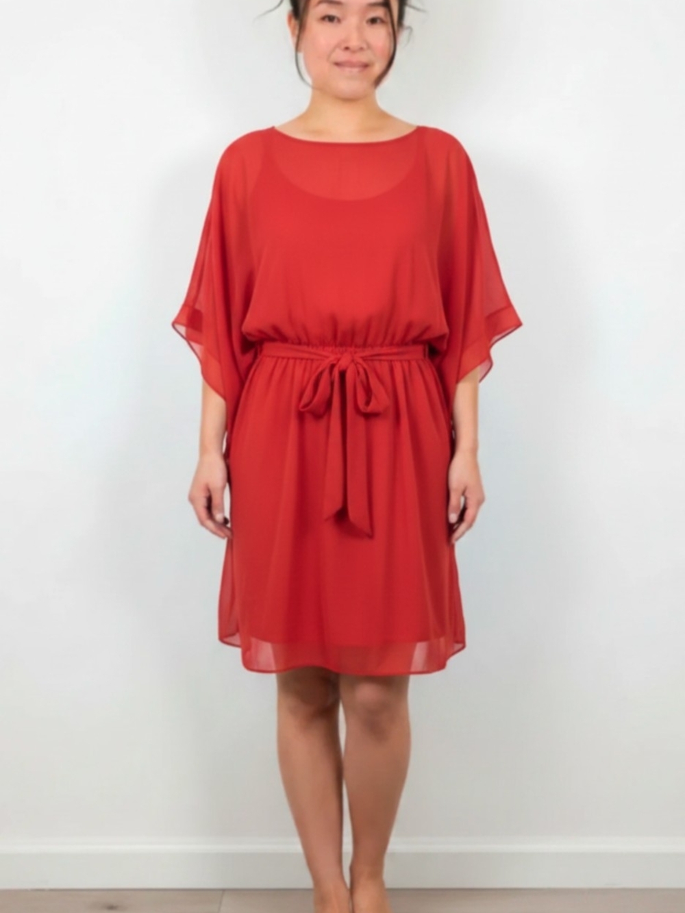 BCBGMaxAzria Red Chiffon Midi Dress with Waist Tie